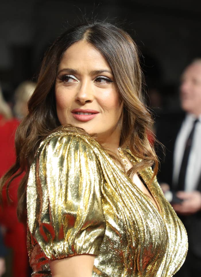 Salma looks over her shoulder while at an event. She&#x27;s wearing a short-sleeved metallic dress with a v-neck