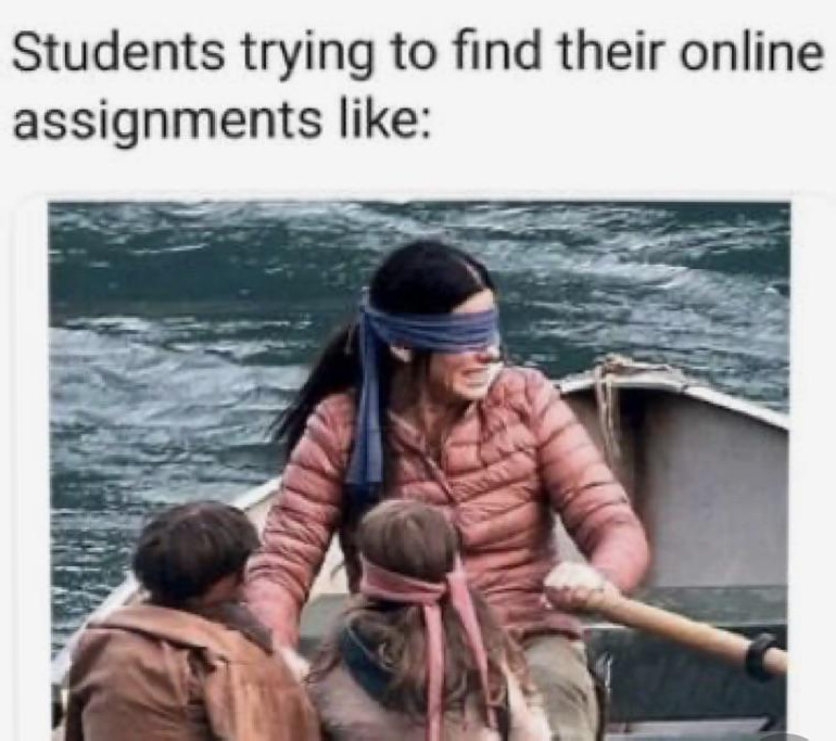blindfolded woman rowing with text that says &quot;students trying to find their online assignments like&quot;