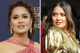 Salma Hayek wears a satin pink dress that crosses over the shoulders with chandelier earrings. She also appears in a gold dress with sleeves.