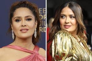 Salma Hayek wears a satin pink dress that crosses over the shoulders with chandelier earrings. She also appears in a gold dress with sleeves.