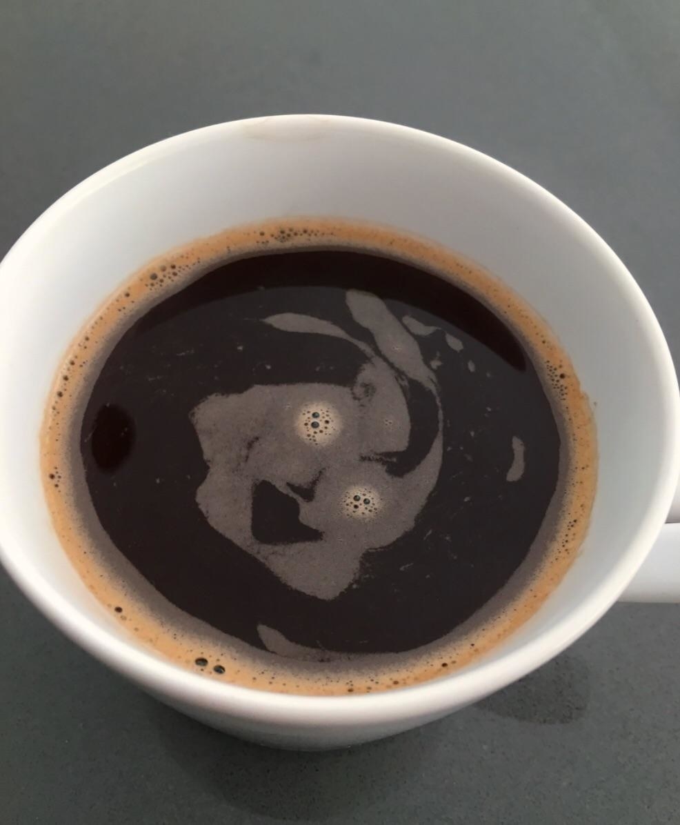 A cup of coffee with the bubbles swirled that look like a rabbit with long ears and large uneven eyes
