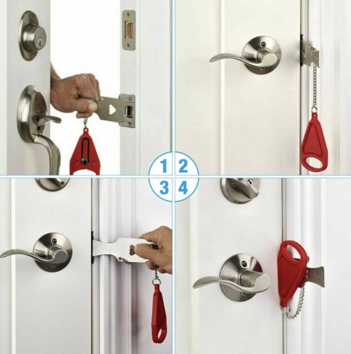a four way sequence showing the lock in use on the door bolt