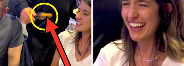 arrow pointing to blurry food being placed in front of woman, with woman laughing in the next frame and a comment asking "wait is this satire?" and the creator responding "no they were very serious"