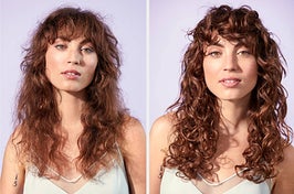 on left, model with chestnut brown frizzy curls. on right, same model with more defined curls after using briogeo curl creme