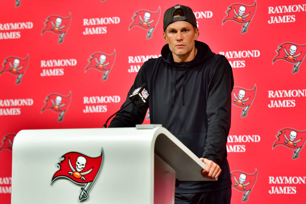 Tom Brady of the Tampa Bay Cuccaneers at the press podium after game