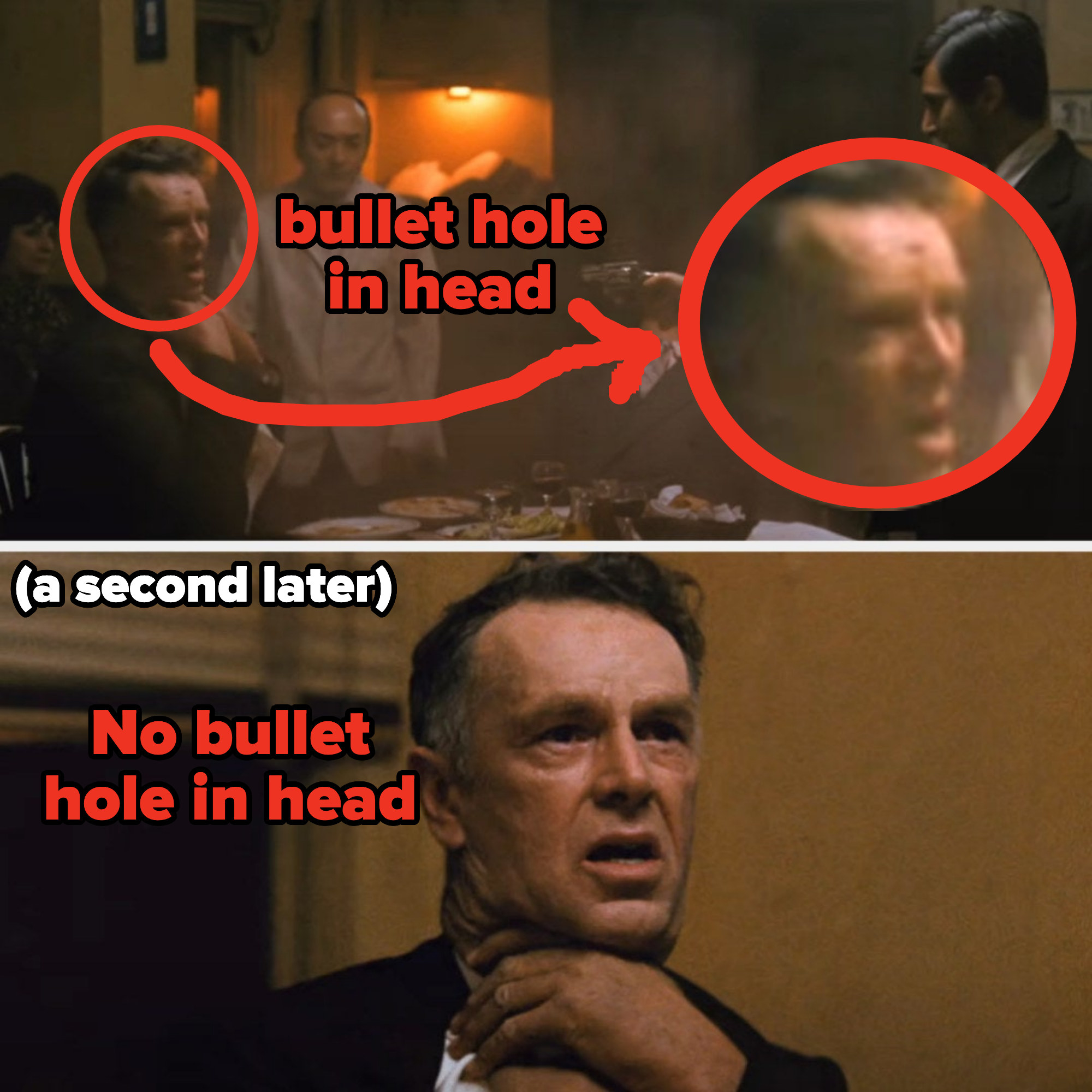 The character has a bullet hole in their forehead at the start of the scene, then the hole disappears as the character grasps his throat