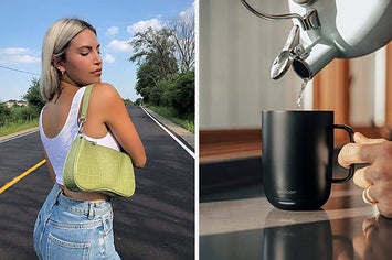 side by side photos of model wearing a purse and water being poured into a mug