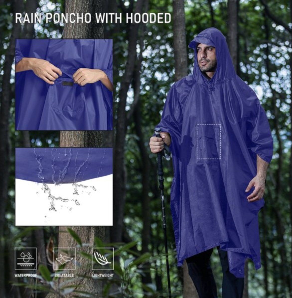Someone walking outside in woods wearing blue poncho, symbols showing it&#x27;s waterproof, breathable, and lightweight