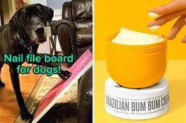 L: dog with its paw on a pink scratchpad that's like an emery board for dog nails R: a yellow tub of thick cream