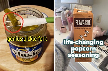 pickle fork with pickle jar, carton of popcorn flavoring