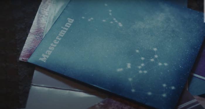 up-close shot of a vinyl record case that says &quot;mastermind,&quot; with the constellations of sattigatius and pisces