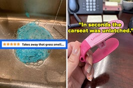 a foaming garbage disposal and text that reads "takes away that gross smell"; a pink UnbuckleMe and text that reads "in seconds the car seat was unlatched"