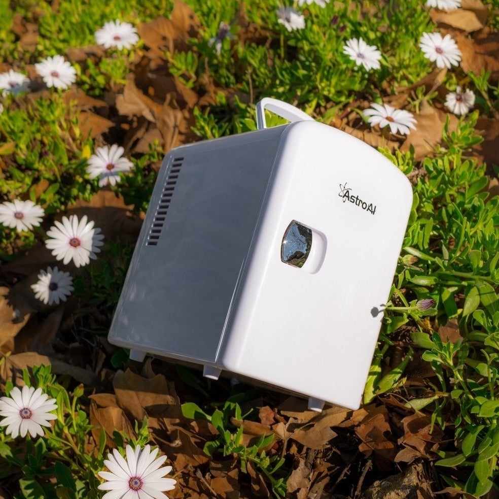 the fridge in a pile of grass and flowers