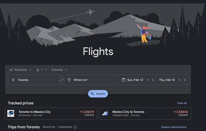 a screenshot of google flights landing page