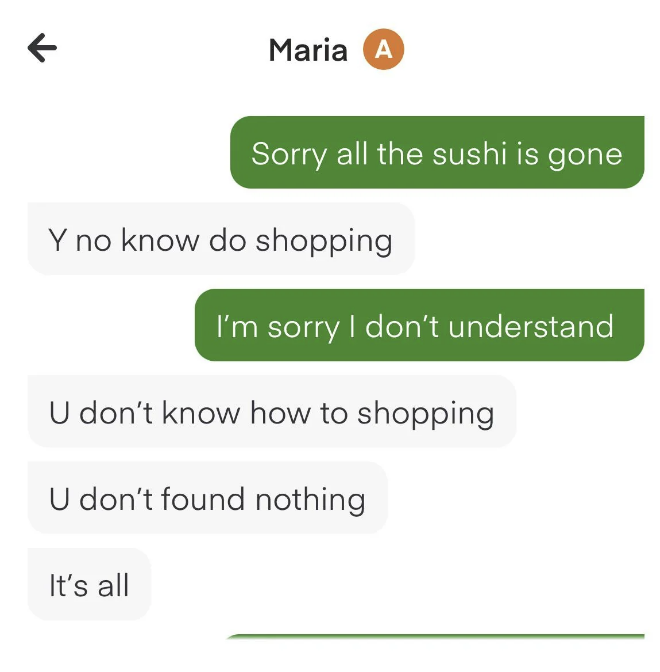 shopper saying the sushi is gone and customer saying they don&#x27;t know how to shop
