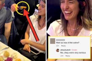 arrow pointing to blurry food being placed in front of woman, with woman laughing in the next frame and a comment asking "wait is this satire?" and the creator responding "no they were very serious"