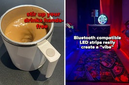A reviewer's white mug with coffee swirling in it "stir up your drinks hands-free" / Reviewer's kids' room with two car beds one lit up blue and one red "bluetooth compatible LED strips really create a vibe"