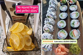 reviewer photo of thin lemon slices in the basket of a mandoline with a positive review quote / reviewer photo of homemade sushi with a 5-star review quote