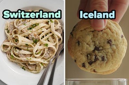 On the left, some chicken Alfredo labeled Switzerland, and on the right, someone holding a chocolate chip cookie labeled Iceland