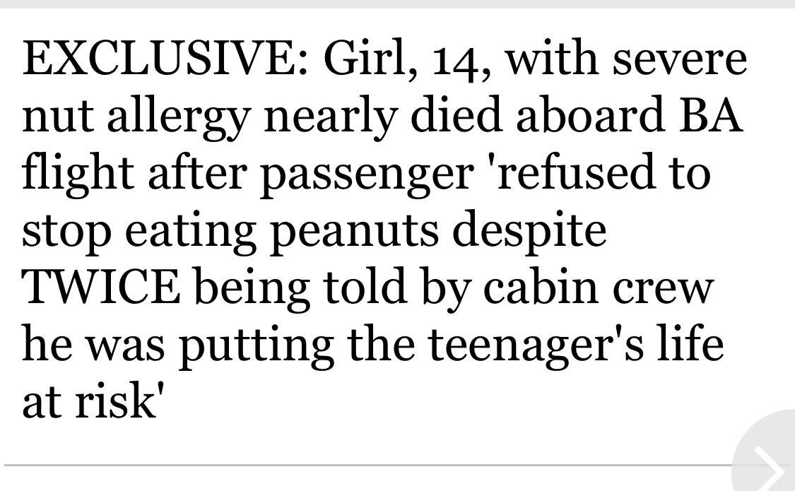 Headline of a girl with a severe nut allergy nearly dying because another passenger didn&#x27;t stop eating nuts near her