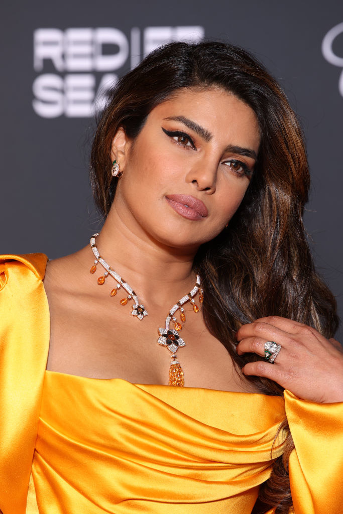 Close-up of Priyanka wearing an ornate necklace