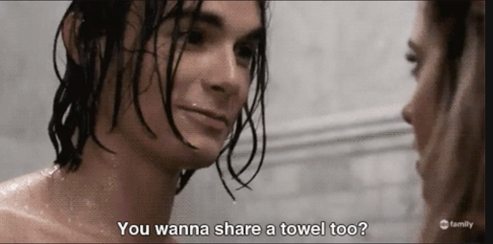 a person saying, &quot;you wanna share a towel too&quot;