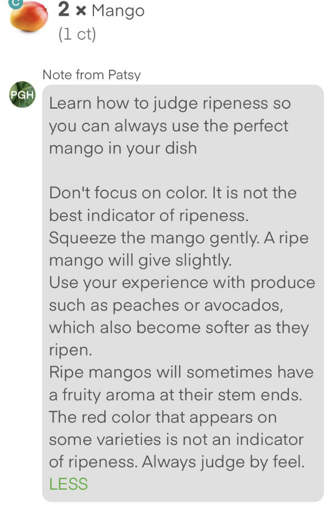 customer sending a long message about how to to choose the right mango