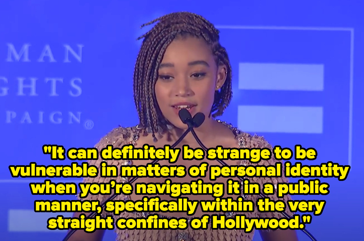 Amandla in front of microphones commenting about Hollywood&#x27;s straight confines
