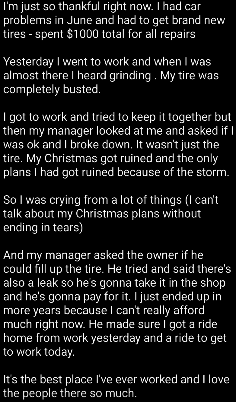 Boss supporting employee with broken-down car