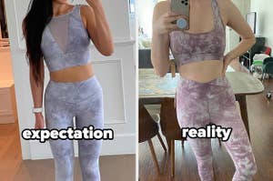 blogilates wearing popflex with the text "expectation" and me wearing popflex with the text "reality"