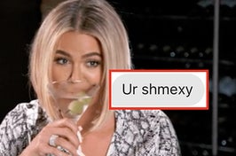 "Ur shmexy" as a message over a woman sipping a martini