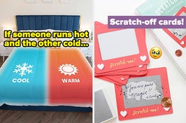 L: dual-zone duvet with a cool side and a warm side R: scratch-off cards that look like etch-a-sketches