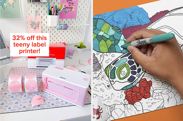 a label printer and labels, someone colouring a photo with a sharpie