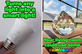 L: a reviewer holding a lightbulb and text reading "Turns any light into a smart light!", R: a reviewer photo of a crystal in the window and text reading "Your living room could use some rainbows!"