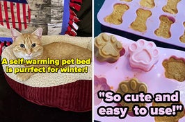 a cat in a self-warming aspen pet bed; pink frozen dog treat molds and text that reads "so cute and easy to use"