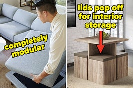 model placing modular sofa cushion; a table with four storage stools