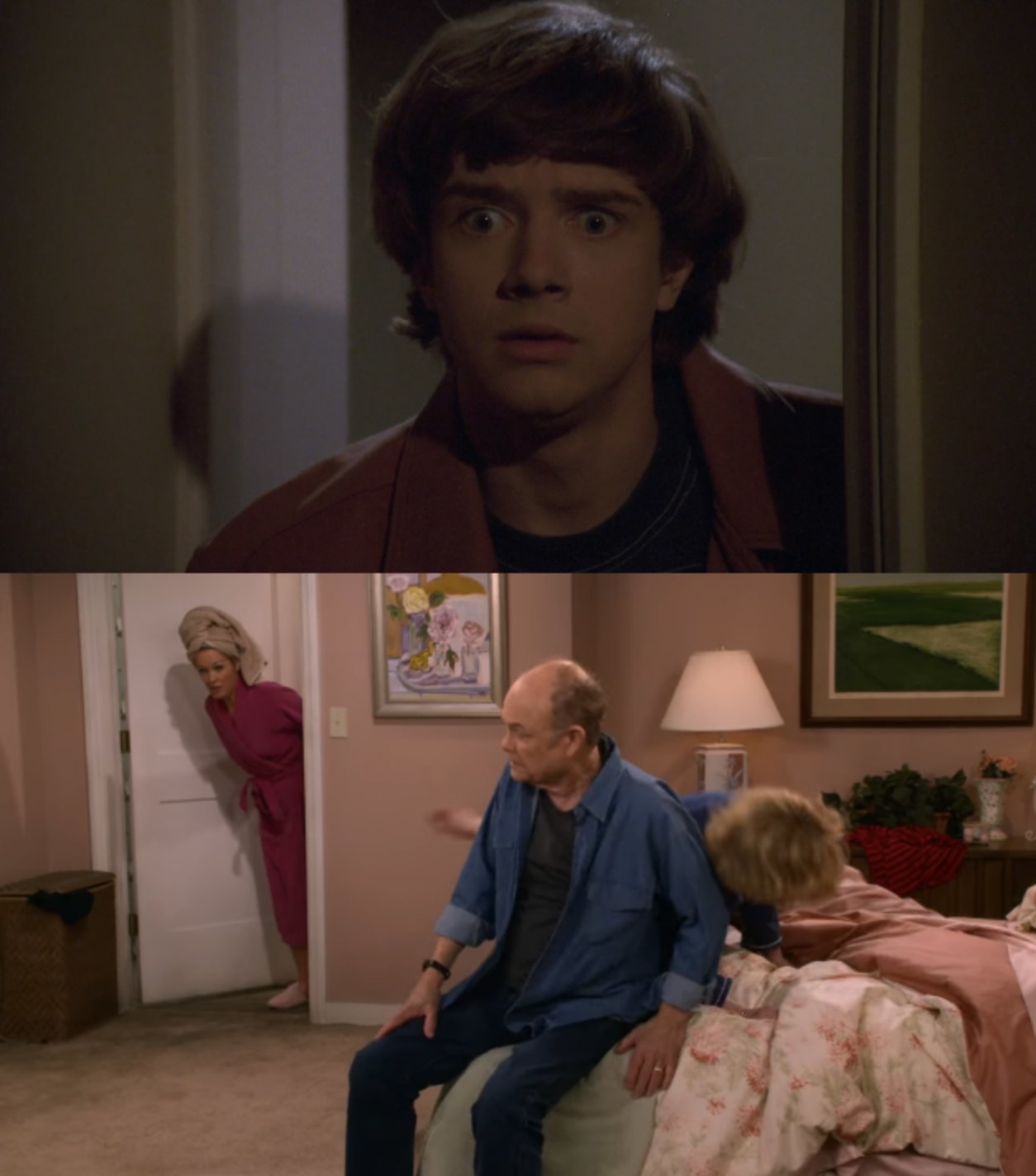 eric looking horrified after catching red and kitty having sex in that 70s show and sherri coming out of the bathroom of their room after they were having sex in that 90s show