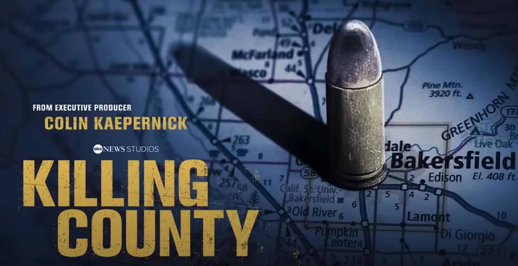 A promo image for the documentary which features a map showing Bakersfield and a bullet placed on top