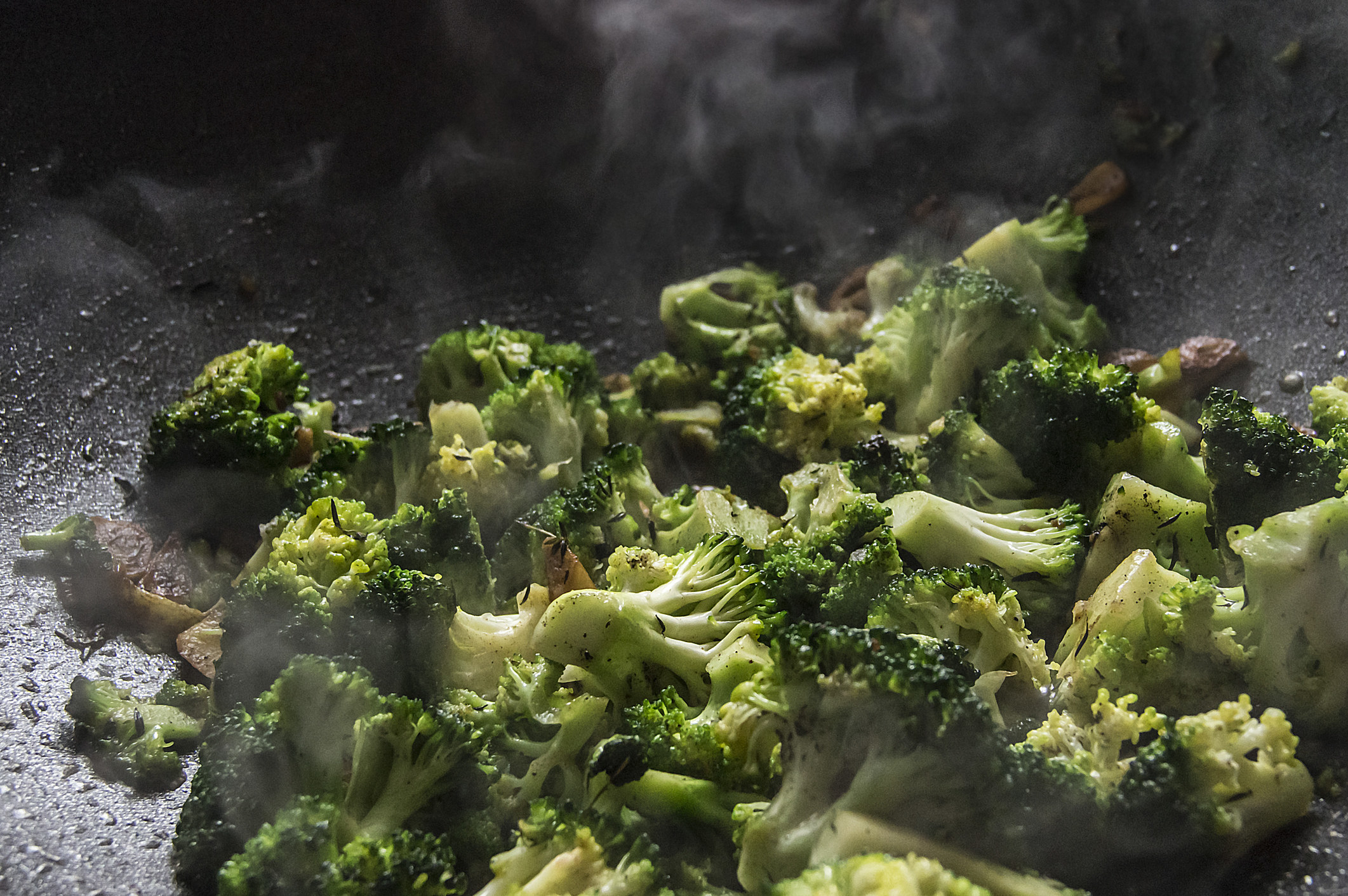 Broccoli with garlic in a frying pan