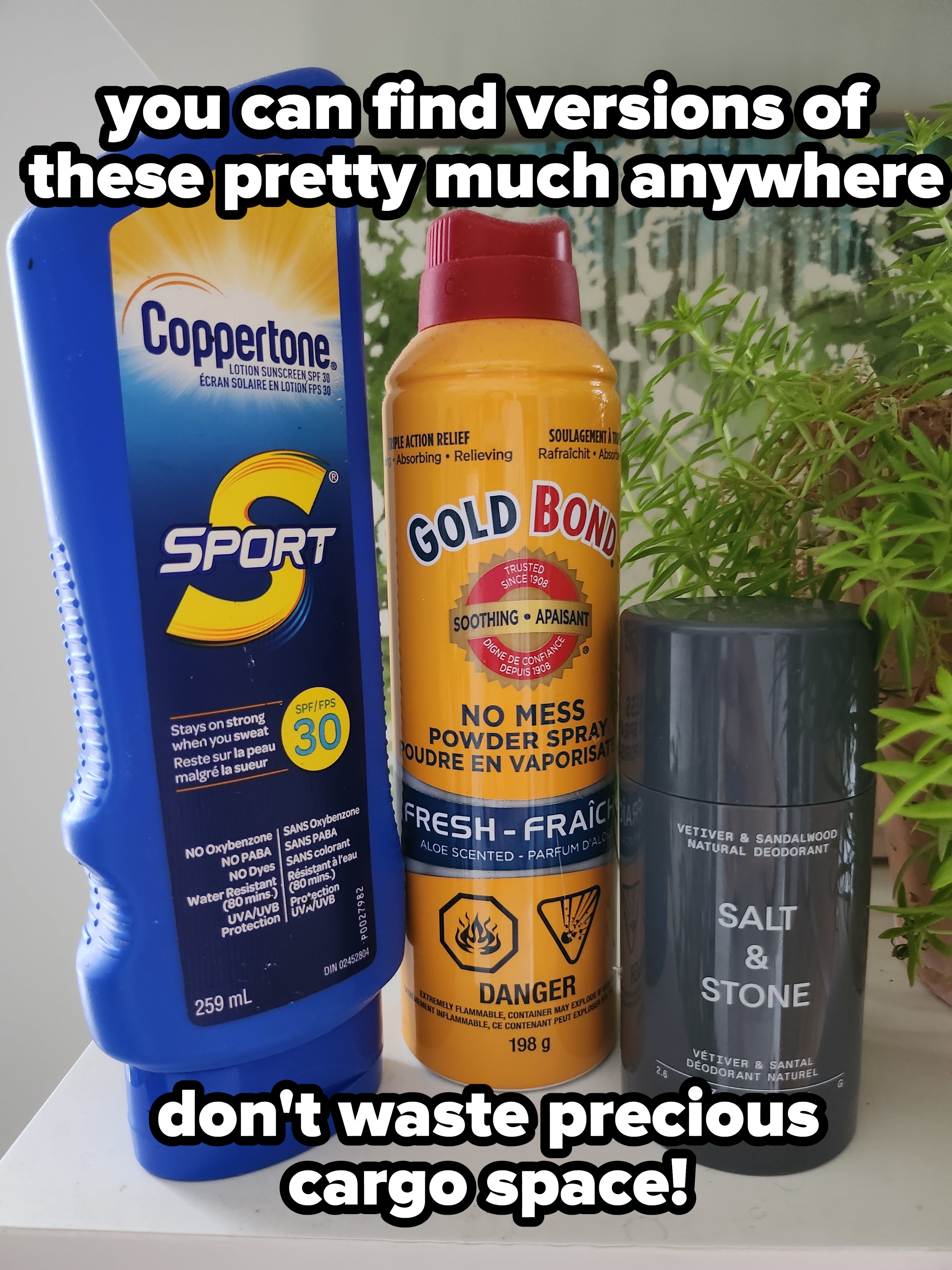 tubes of sunscreen, gold bond powder, and deodorant