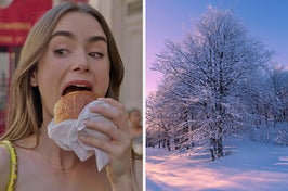 On the left, Emily from Emily in Paris eating a chocolate croissant, and on the right, a snow-covered tree