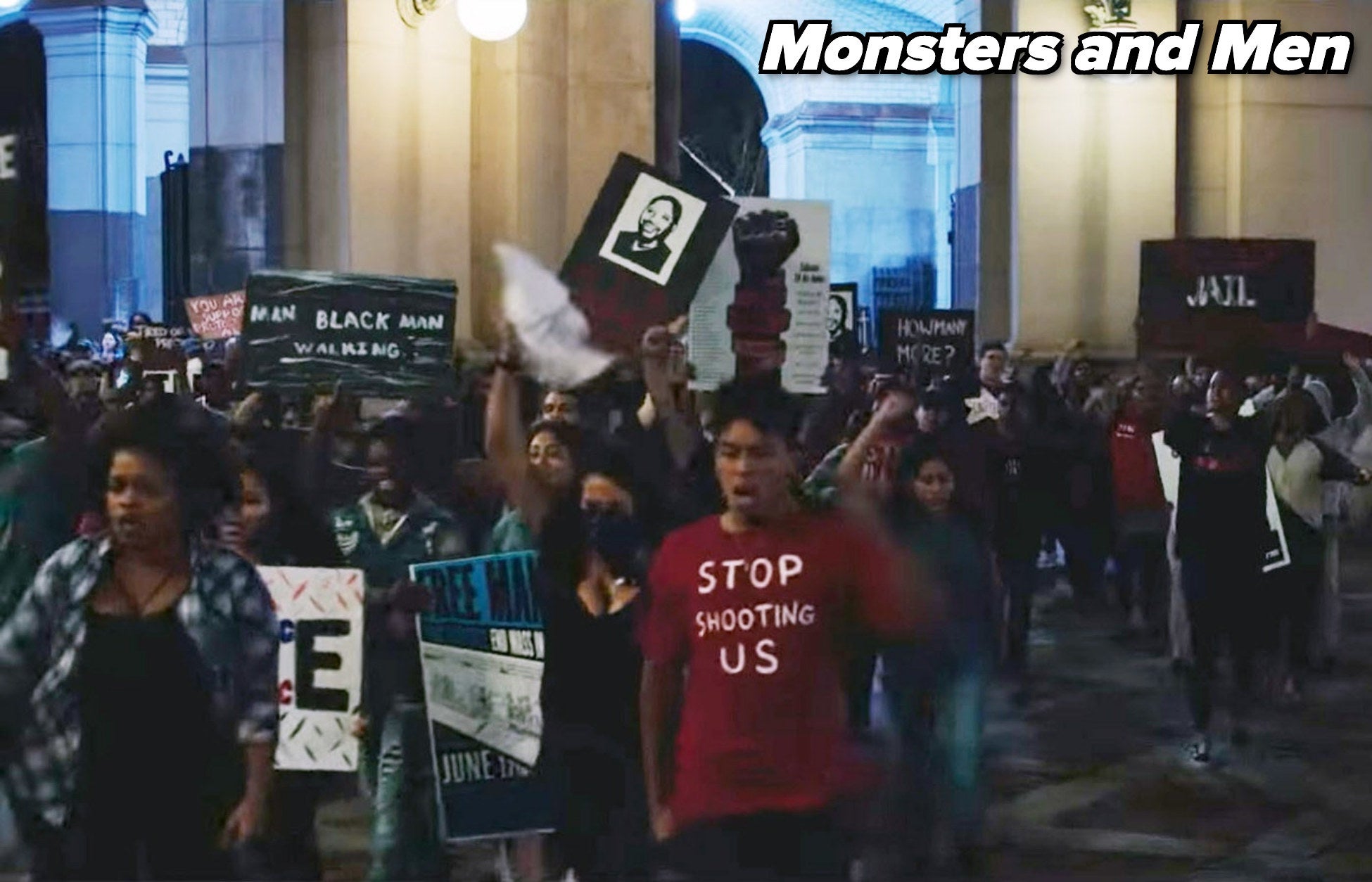 People protesting police violence from movie "Monsters and Men"