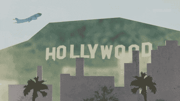 a cartoon showing the Hollywood sign as cars drive by palm trees