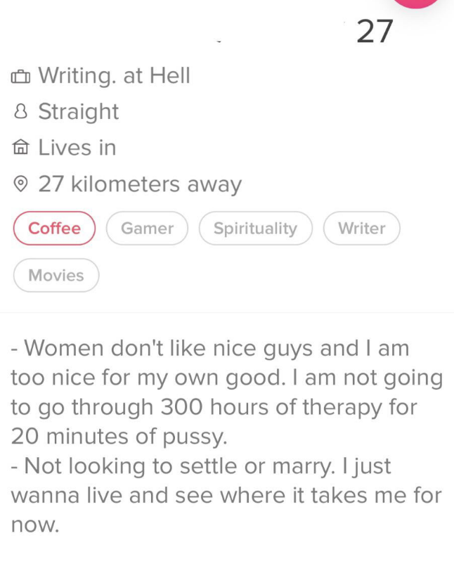 Women don&#x27;t like nice guys and I am too nice for my own good, I&#x27;m not going through 300 hours of therapy for 20 minutes of pussy, not looking to settle or marry, I just wanna live and see where it takes me