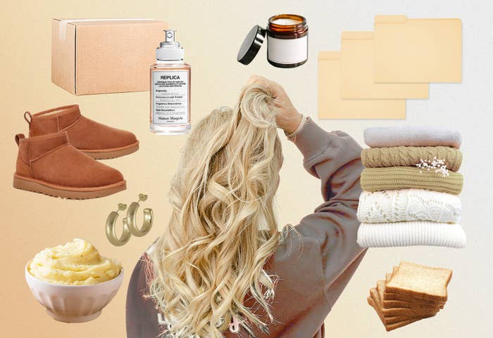 The back of a woman&#x27;s head and clean, cozy, pale objects including folded sweaters, bread, earrings, perfume, and candles