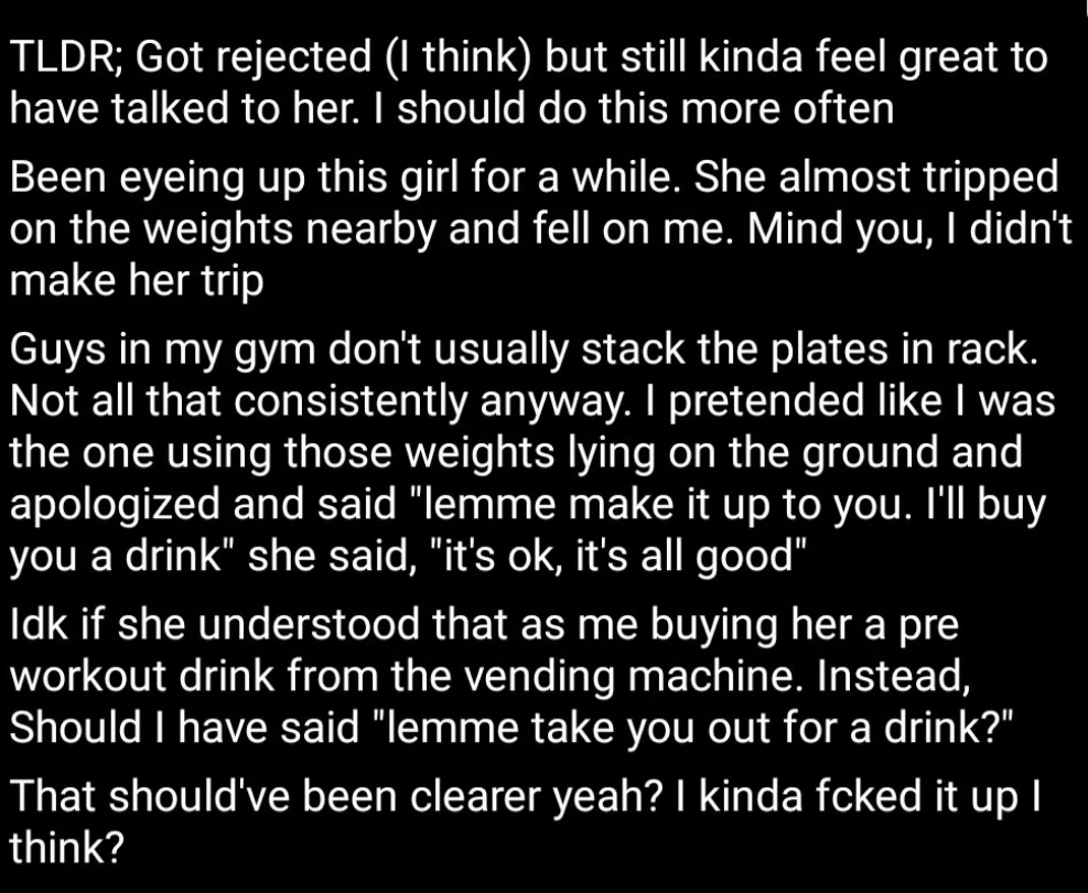 Man&#x27;s post about trying to ask a woman out at the gym but she declined