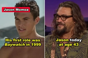 Side-by-sides of young Jason Momoa vs. what he looks like today