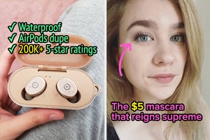 a rose gold pair of bluetooth earbuds / editor wearing a $5 mascara