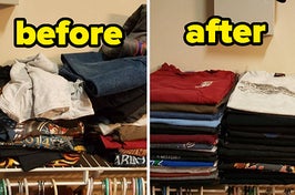 messy pile of shirts on a closet shelf, same shirts stacked neatly by using a shirt folder