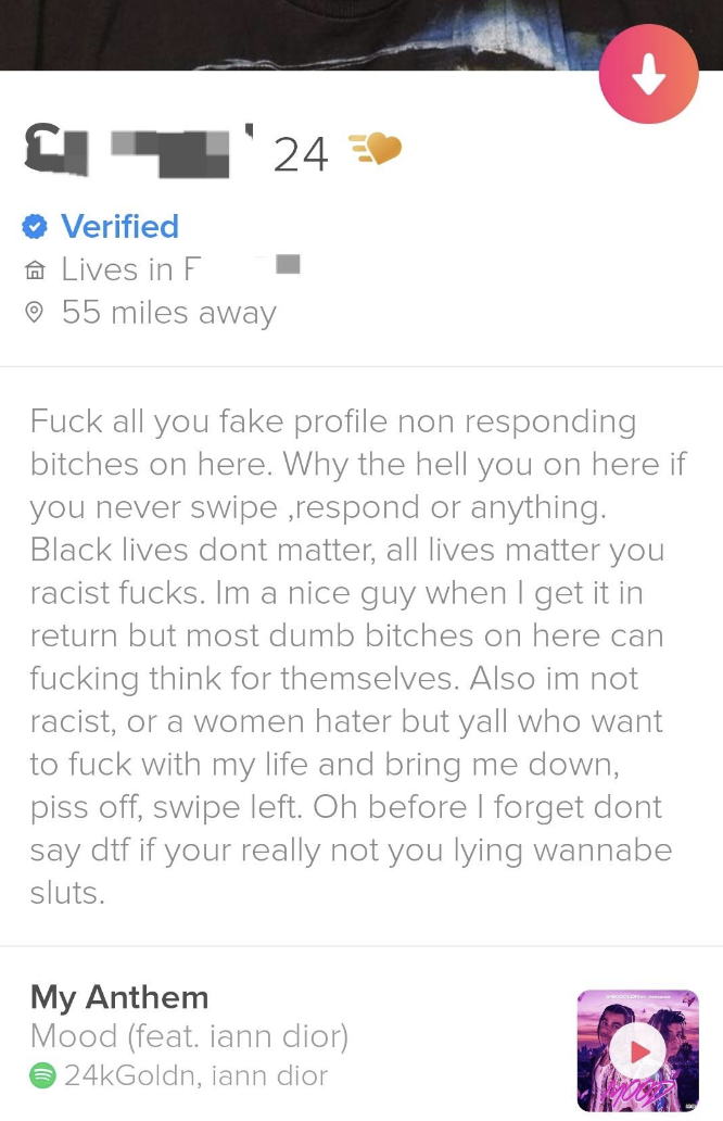 Fuck all you fake profile non responding bitches on here; black lives dont matter, all lives matter you racist fucks; im not racist or a woman hater; dont say dtf if your really not you lying wannabe sluts